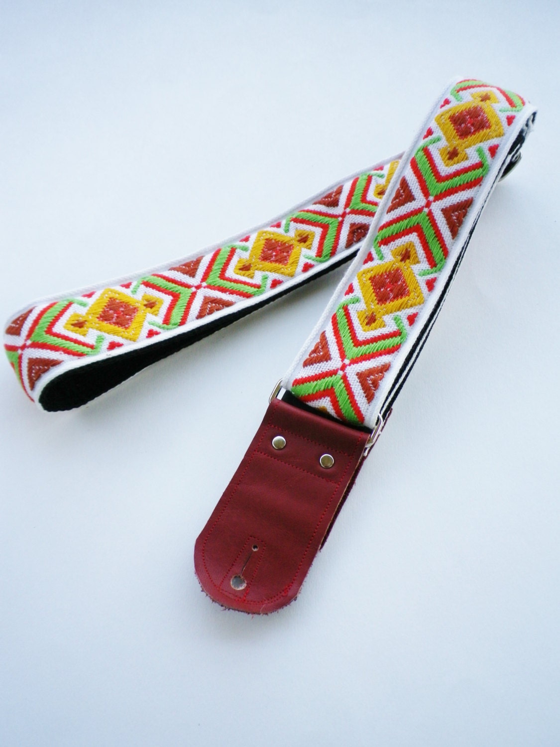 Guitar Strap - Vintage Red & Yellow Geometric woven ribbon vintage style guitar strap with red leather ends