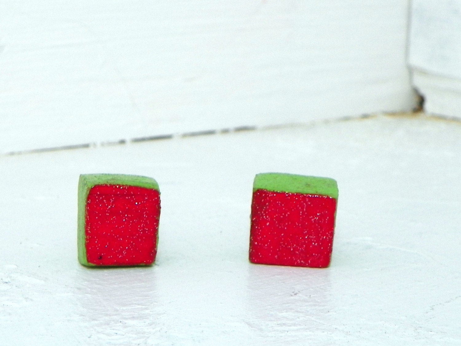 One of a kind Earrings Red Green Squares Recycled Wood Sparkly Handmade - FeathandKee