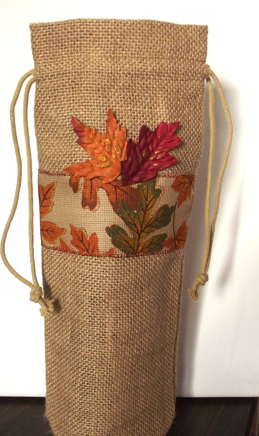 Items similar to Burlap Wine Bag, Gift Bag, Fall Theme, Leaves