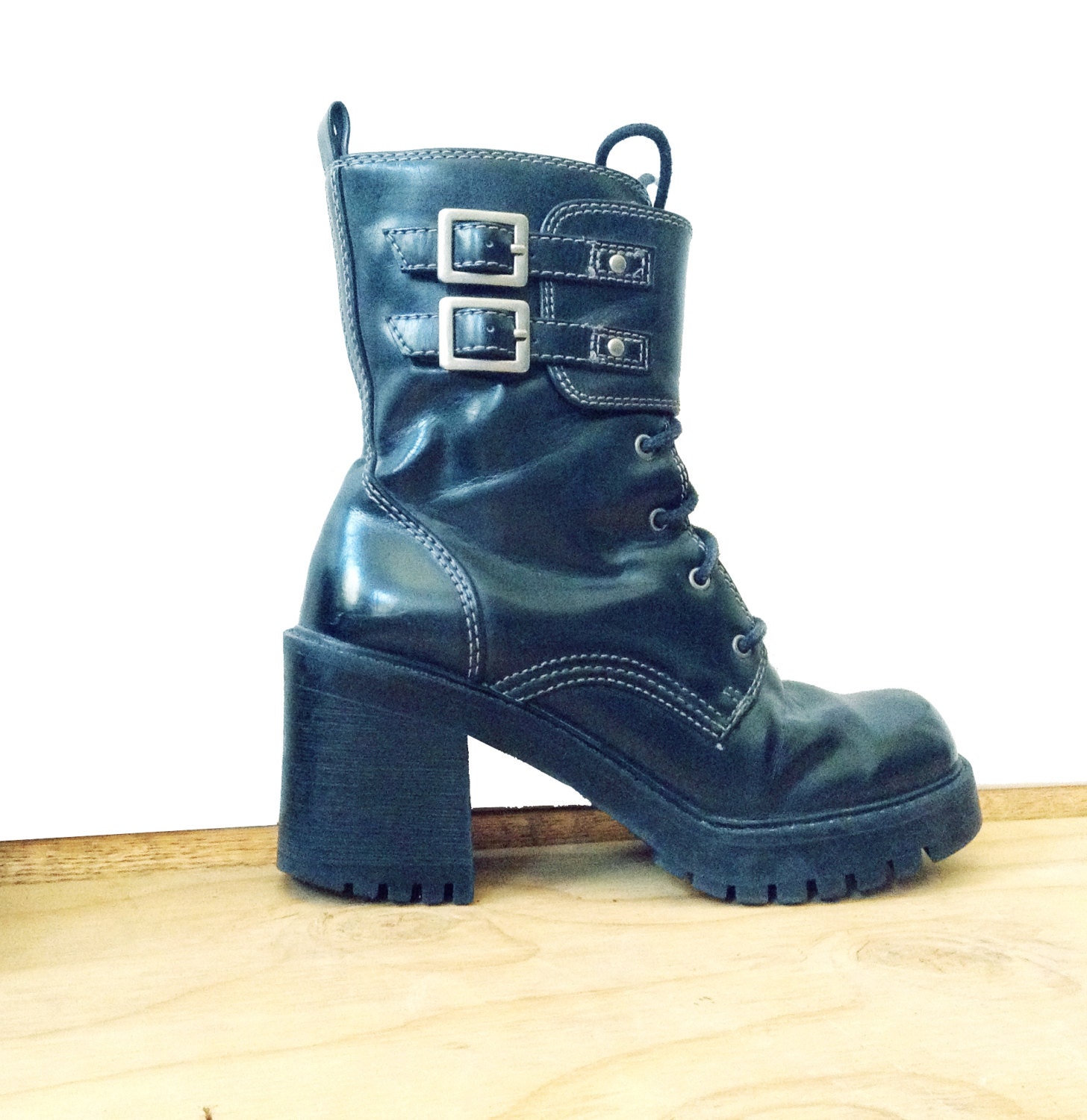 90s Black Platform Military Combat Boots Chunky Heel By Idlized 