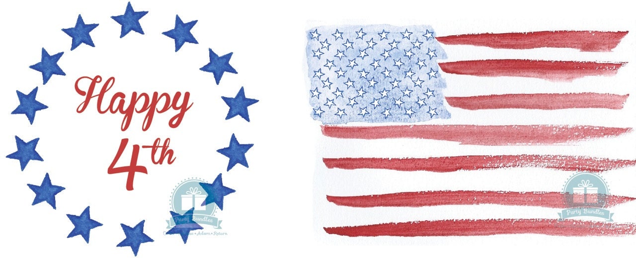 4th of July Cupcake Toppers, Party Circles, Flag Favor, Printables, Watercolor INSTANT DOWNLOAD
