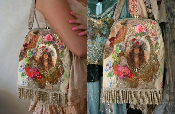Flower child- romantic embroidered purse from linen, vintage textiles, trims and hand embroidery wearable art