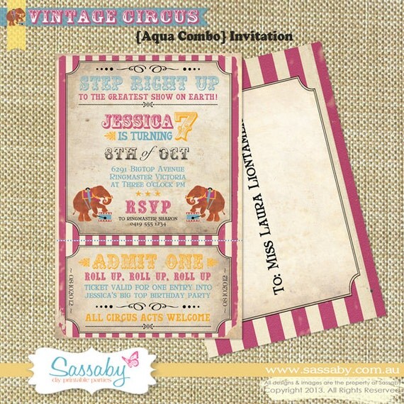 Vintage Circus Invitation - Aqua Combo - Kids Birthday Party - DIY PRINTABLE FILE by Sassaby Il_570xn