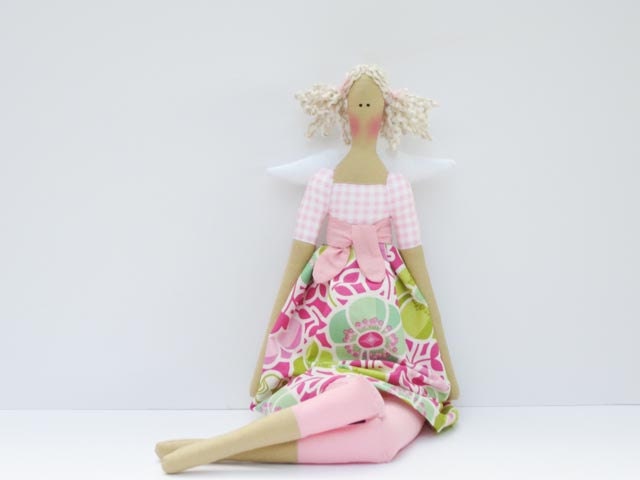 Angel doll fabric doll pink green flower cloth doll blonde rag doll art doll cute stuffed doll softie plush nursery decor doll - HappyDollsByLesya