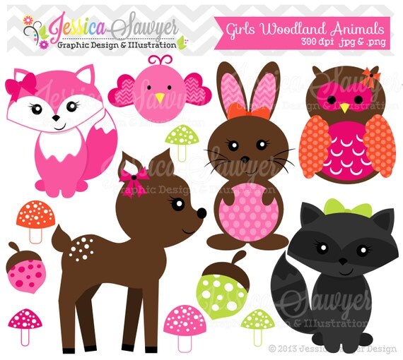 INSTANT DOWNLOAD, girls woodland animals clipart, forest clip art, for personal use, commercial use, party supply, scrapbooking Il_570xn
