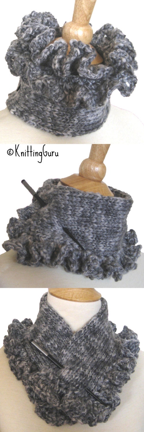Gray Wool Knit Cowl Scarf Collar with Ruffles