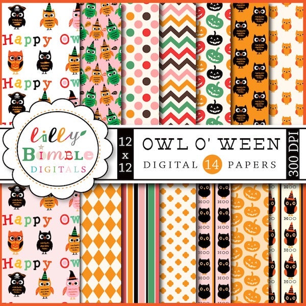 Owloween Digital Papers Halloween Owls INSTANT DOWNLOAD colorful Il_570xn