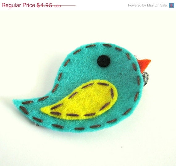 ON SALE Felt Bird Hair Clip - Hair Bow - 1 No-Slip, Turquoise and Green Felt Birdie Hair Clippie