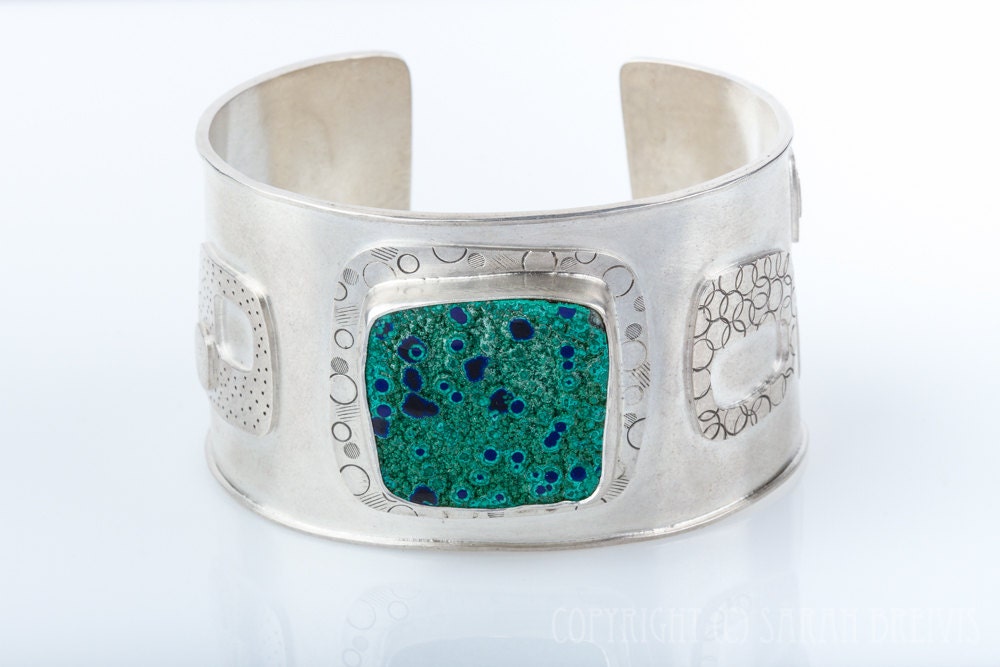 Malachite and Azurite Cuff bracelet, statement piece, large bracelet, sterling silver, modern squares, blue , green, dots - JujuBySarah