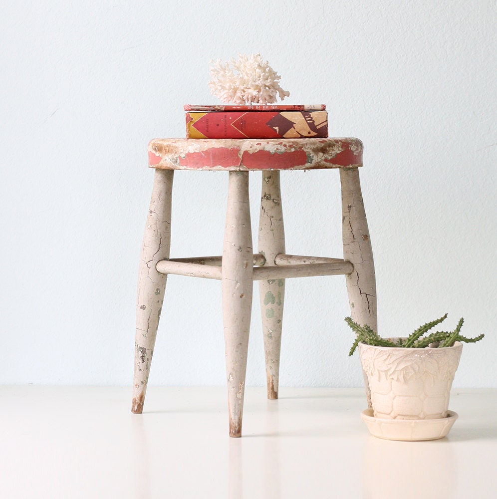 Vintage Wooden Stool - with red and gray chippy paint - bellalulu