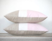 Color Block Stripe Pillow in Pink, Cream and Natural Linen (Set of 2) by JillianReneDecor | Modern Nursery | Home Decor | Decorative Pillow - JillianReneDecor