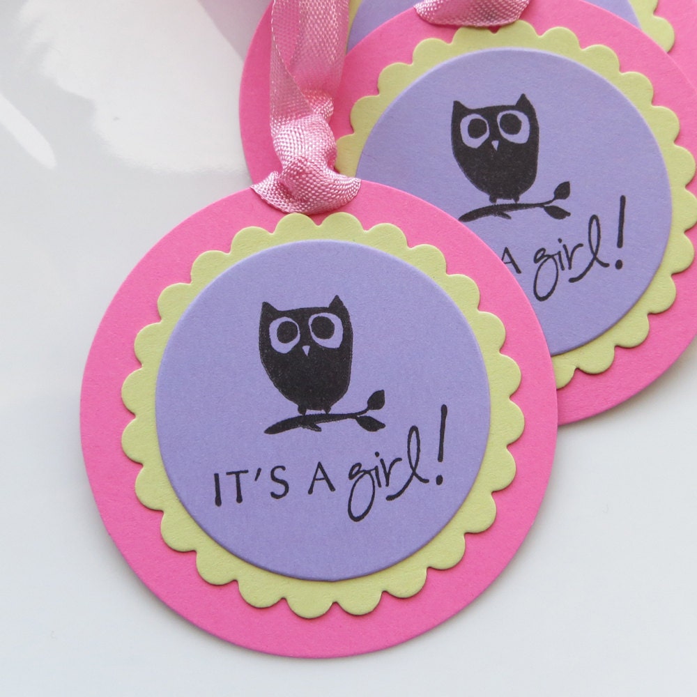 It's a Girl Tags Owl - Set of 6 Large Tags - Custom Colors Available - Baby Girl Shower Decor Owl Baby Shower Il_570xn