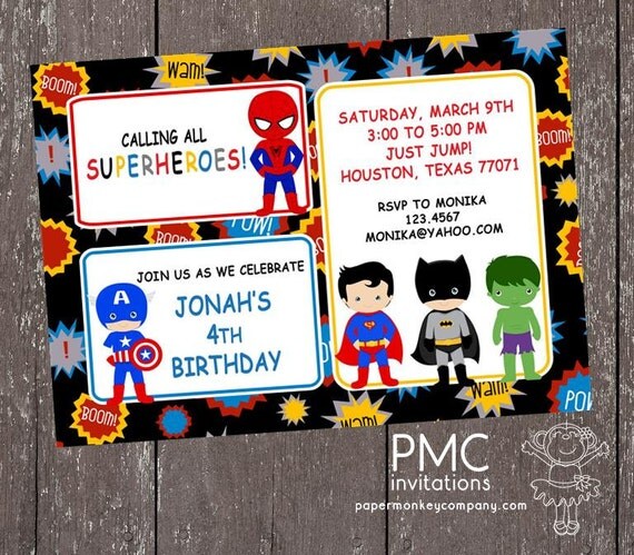 Superhero Birthday Invitations 1.00 each with envelope Il_570xn