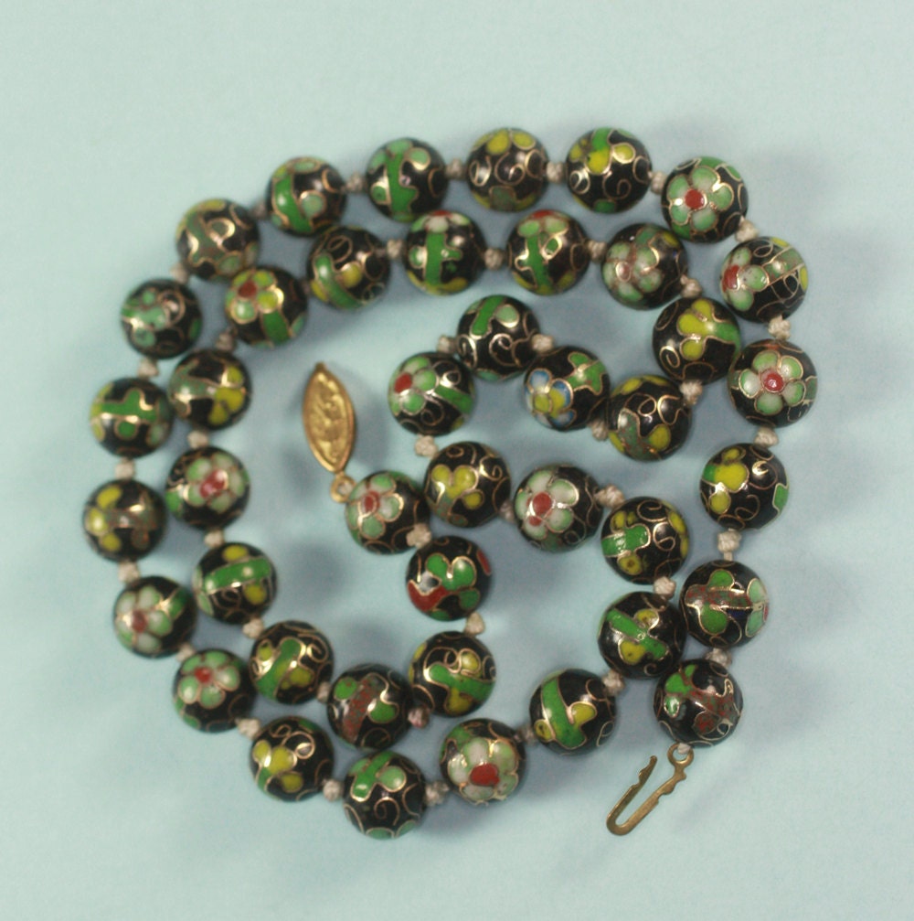 Vintage Cloisonne' Bead Necklace Green Black by PastSplendors