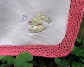 Bunny Baby Blanket, Afghan, Fleece, Crochet Trim, Handmade, Throw, Baby Girl, Shabby Chic - NormasTreasures