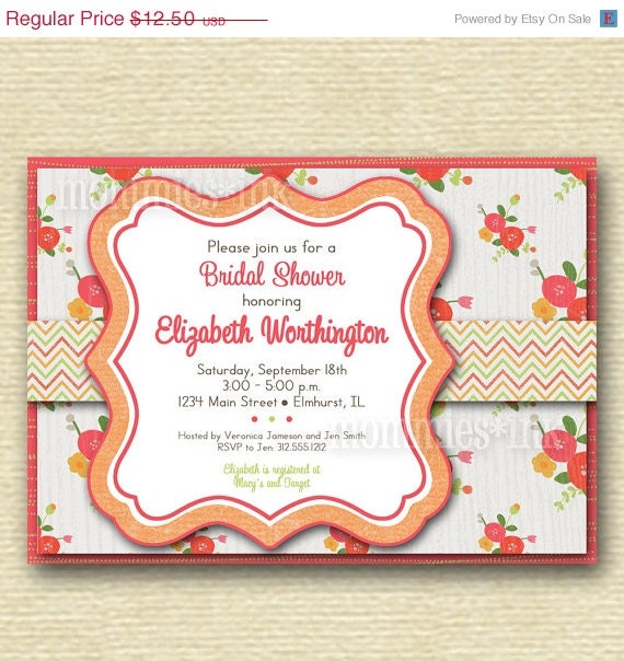 10% Off Holiday Sale Sweet Posies Bridal Shower Invite - Pink Orange Green - PRINTABLE INVITATION DESIGN Il_570xn