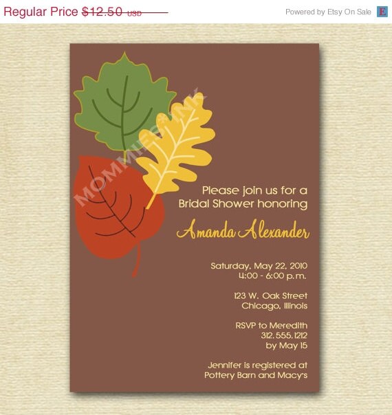 10% Off Holiday Sale Modern Fall Leaves Bridal Shower Invite - Customizable - PRINTABLE INVITATION DESIGN Il_570xn