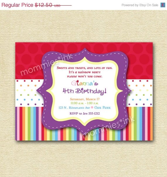 10% Off Holiday Sale Rainbow Dots and Stripes Birthday Invite - PRINTABLE INVITATION DESIGN Il_570xn