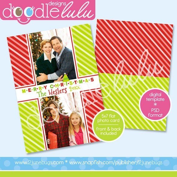 INSTANT DOWNLOAD Digital Printable 5x7 Green & Red Striped Christmas Tree Photo Card Template (Photoshop) PSD by Doodlelulu 2 june bugs Il_570xn
