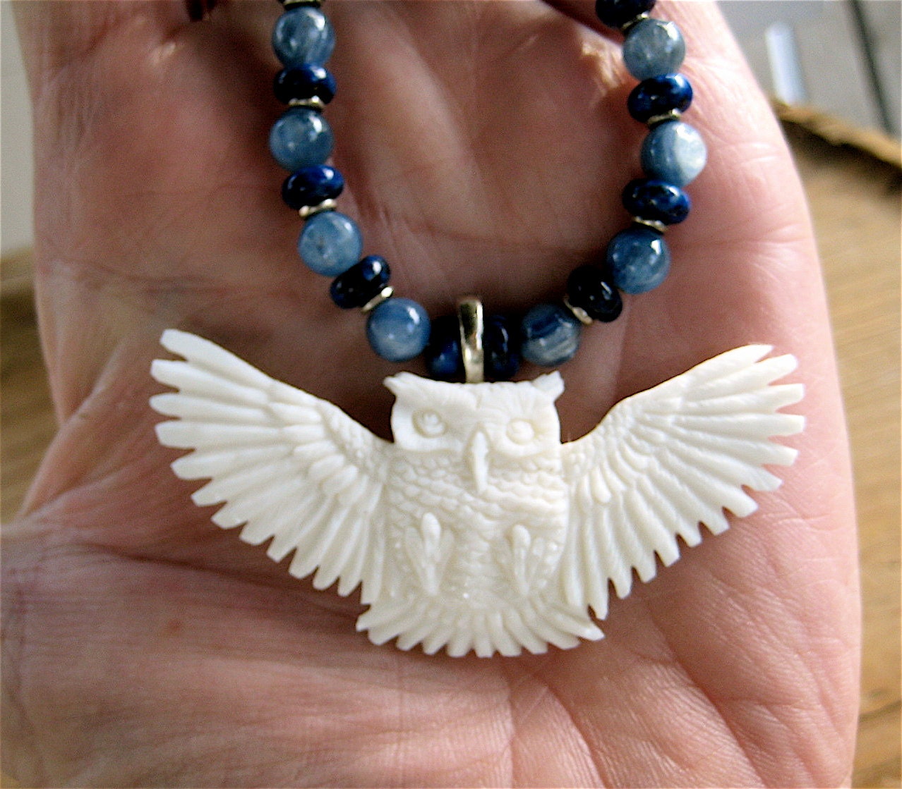 Ghost Owl Pendant Necklace with Hand Carved Bone Owl in Flight Blue Kyanite and Lapis Gemstone Jewelry - CatchingWaves