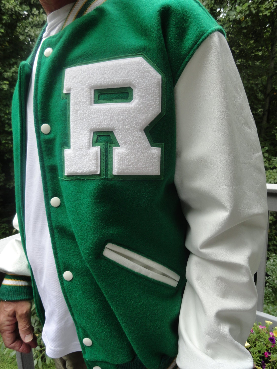 FOOTBALL LETTER Jacket Green White Leather Sleeves by backofbeyond