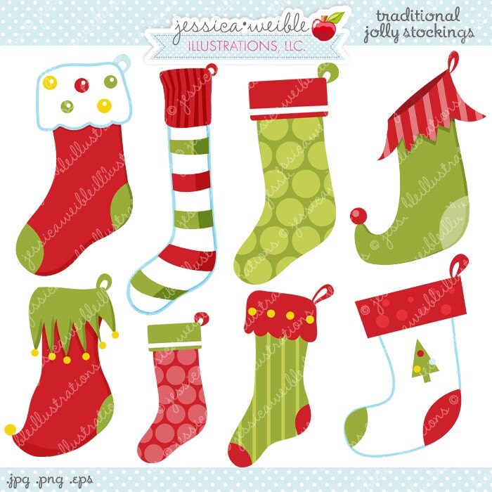 Traditional Jolly Stockings Cute Digital Clipart - Commercial Use Ok - Christmas Stocking Clipart, Stockings, Christmas Graphics Il_570xn