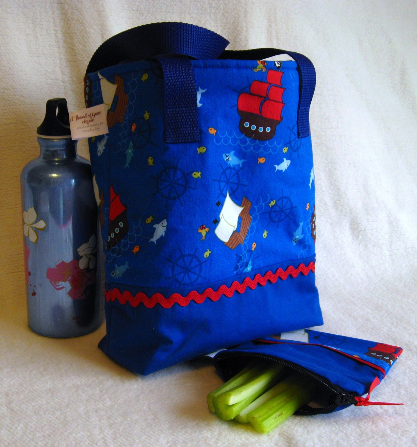 Back to School Insulated Lunch Tote, Pirate Ships - Drawstring Top, Machine Washable & Dryable - AThreadofGrace
