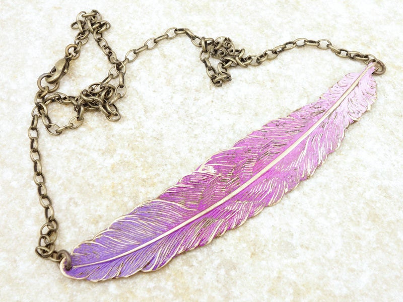 Bohemian Necklace - OmbrÃ© Radiant Orchid Jewelry - Vintage Style Feather Necklace - Hand Painted Purple Pink Statement Necklace Boho Chic - OstaraMoonJewelry