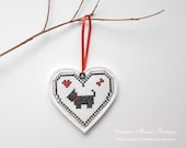 Embroidery Heart Ornament or Pin Back Brooch Jewelry - Lapel Pin - Black White Red - Black Dog - Scottie Dog - Scotty Dog - creativethreadboutiq