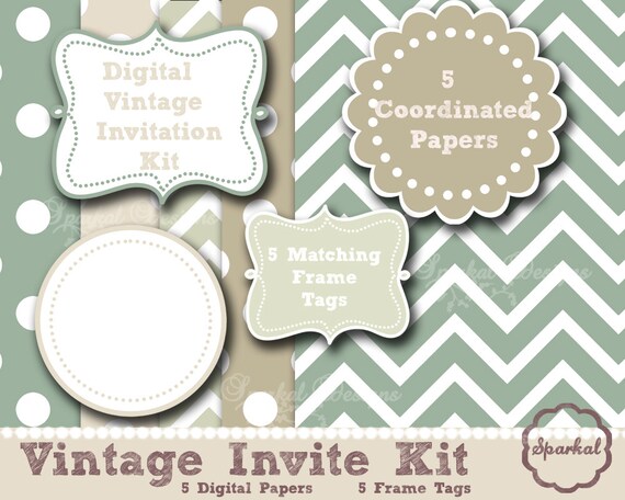 Vintage Digital Paper, Invitations Kit Scrapbooking Frames Rustic Green Paper, Party Digital Paper Instant Download Il_570xn