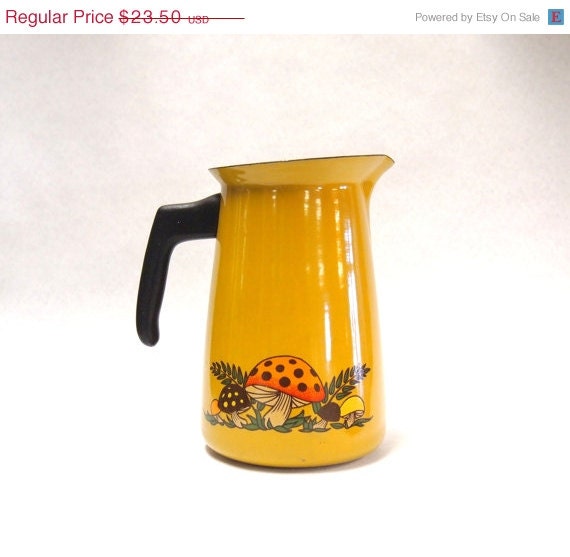 20% off BOO SALE GREAT Vintage 1970s Enamelware Mushroom Pitcher 70s Mustard Yellow with Orange and Brown Shrooms - VivaEstelle