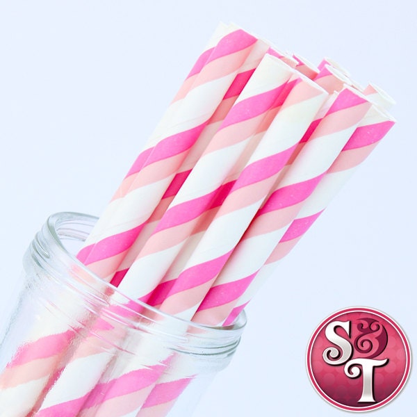 Stripe Pink/Light Pink Party Paper Straws - Cake Pop Sticks - Pixie Sticks - Qty 25 Il_570xn