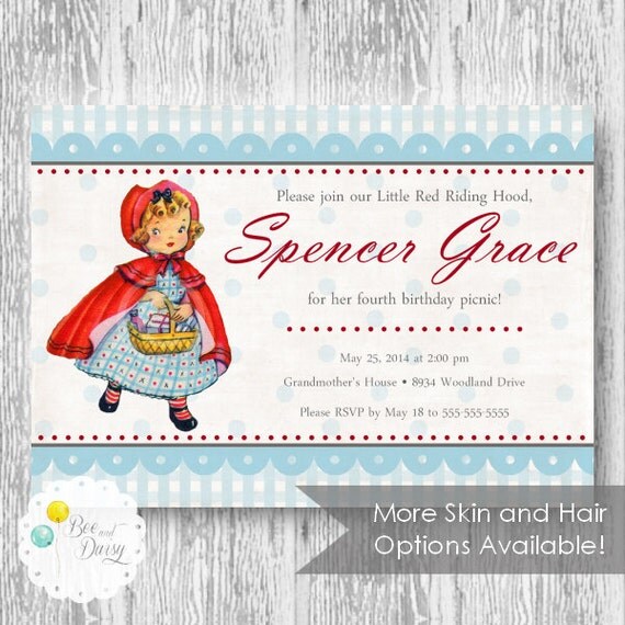 Vintage Little Red Riding Hood Invitation for Birthday Party or Baby Shower Girls DIY Printable Invite by BeeAndDaisy -Skin and Hair Options Il_570xn