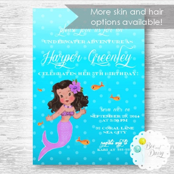 Vintage Mermaid Invitation for Birthday Party or Baby Shower - Girls DIY Printable Invite by BeeAndDaisy - Skin and Hair Options Il_570xn