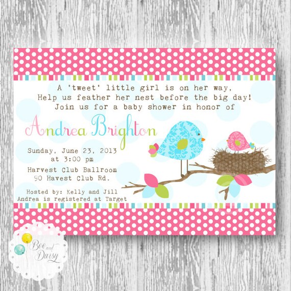 Pink Baby Birds Nest Printable Invite for Baby Shower or Birthday Party DIY Invitation by BeeAndDaisy Il_570xn
