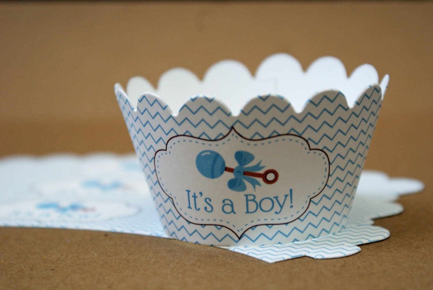 12 It's a Boy Blue Stripes or Chevron with Rattle Baby Shower Scallop Cupcake Wrappers Il_570xn