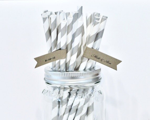 100 Gray Paper Straws, Grey Paper Straws, Striped paper Straws, Made in the USA, Paper Goods, Wedding, baby Shower, Decorations Il_570xn