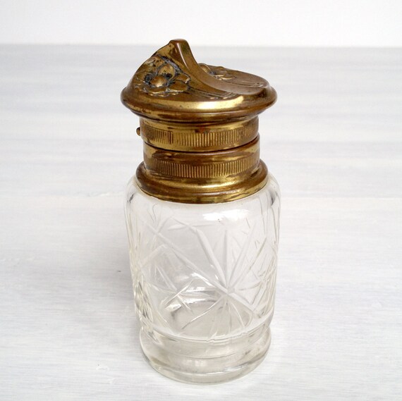 Vanity jar bottle cut glass hinged brass lid by modernpoetry
