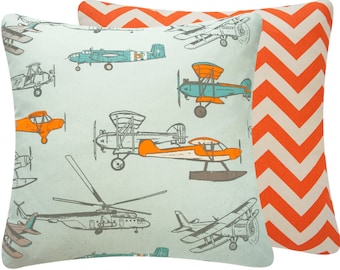 Orange and Blue Airplane Nursery Kid Throw Pillow Cover 18" Square Premier Prints, Flight School Orange Collection