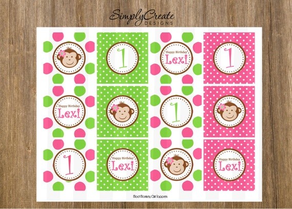 Mod Monkey Cupcake Toppers 8.5x11 Jpeg DIGITAL File PERSONALIZED Il_570xn