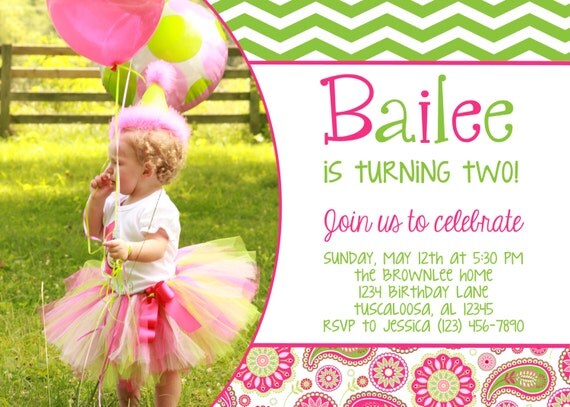 PAISLEY AND CHEVRON - Pink & Green Birthday Party 5x7 Photo Invitation - Girl Printable Il_570xn