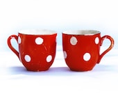 Set of 2 Pretty french  vintage cafe au lait cup and a milk pot,Confetti from DIGOIN with red and white geometrical pattern, polka dots - FrenchMelody