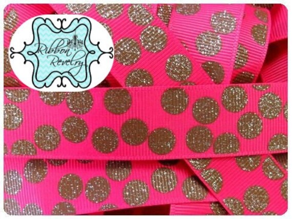 Brown glitter silly dots printed on hot pink 7/8" grosgrain ribbon-High Quality Il_570xn