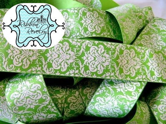 Princess of the patch lime gllitter damask 7/8" grosgrain ribbon Il_570xn