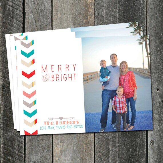 Christmas card design- Photo holiday cards printable, optional back side, red green pink gold arrows Il_570xn