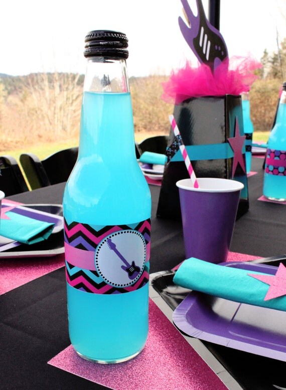 INSTANT DOWNLOAD diy Rockstar Girl Birthday Party PRINTABLE Water Bottle Labels pink teal purple black guitar rock star Il_570xn
