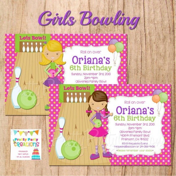 GIRLS bowling party invitation YOU PRINT by PrettyPartyCreations