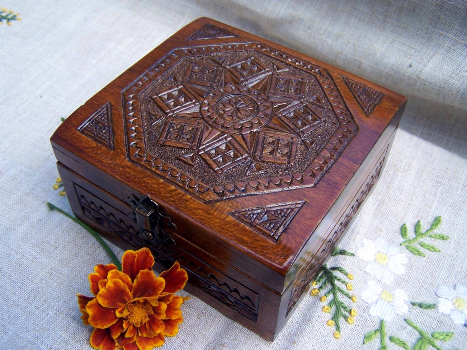 Jewelry Box Wooden Box Ring Box Carved Wood Box By Happyflying