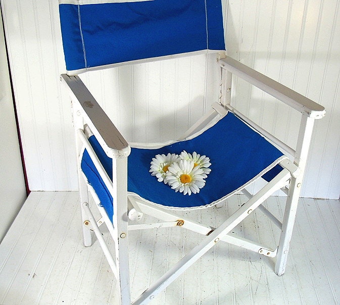 Vintage Wood & Canvas Director Chair - Chippy White Paint Folding Furniture Frame - Royal Blue Fabric Pattern - Ready to Repurpose / Upcycle - DivineOrders