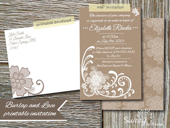 Burlap and Lace printable invitation and envelope Il_570xn